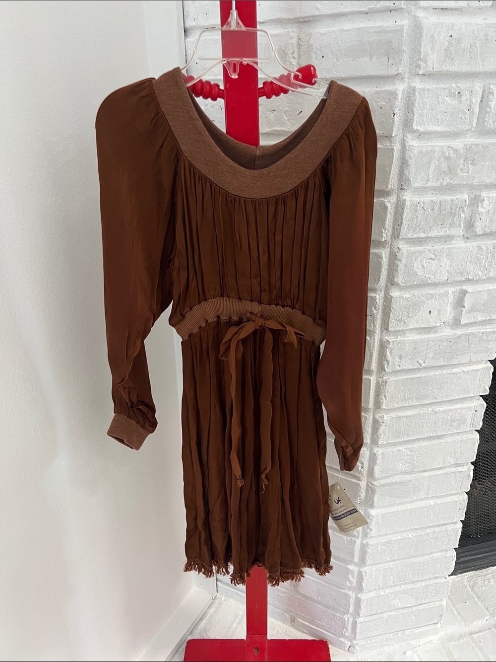 Girls Brown Long-Sleeve Pleated Waist-Tie Dress